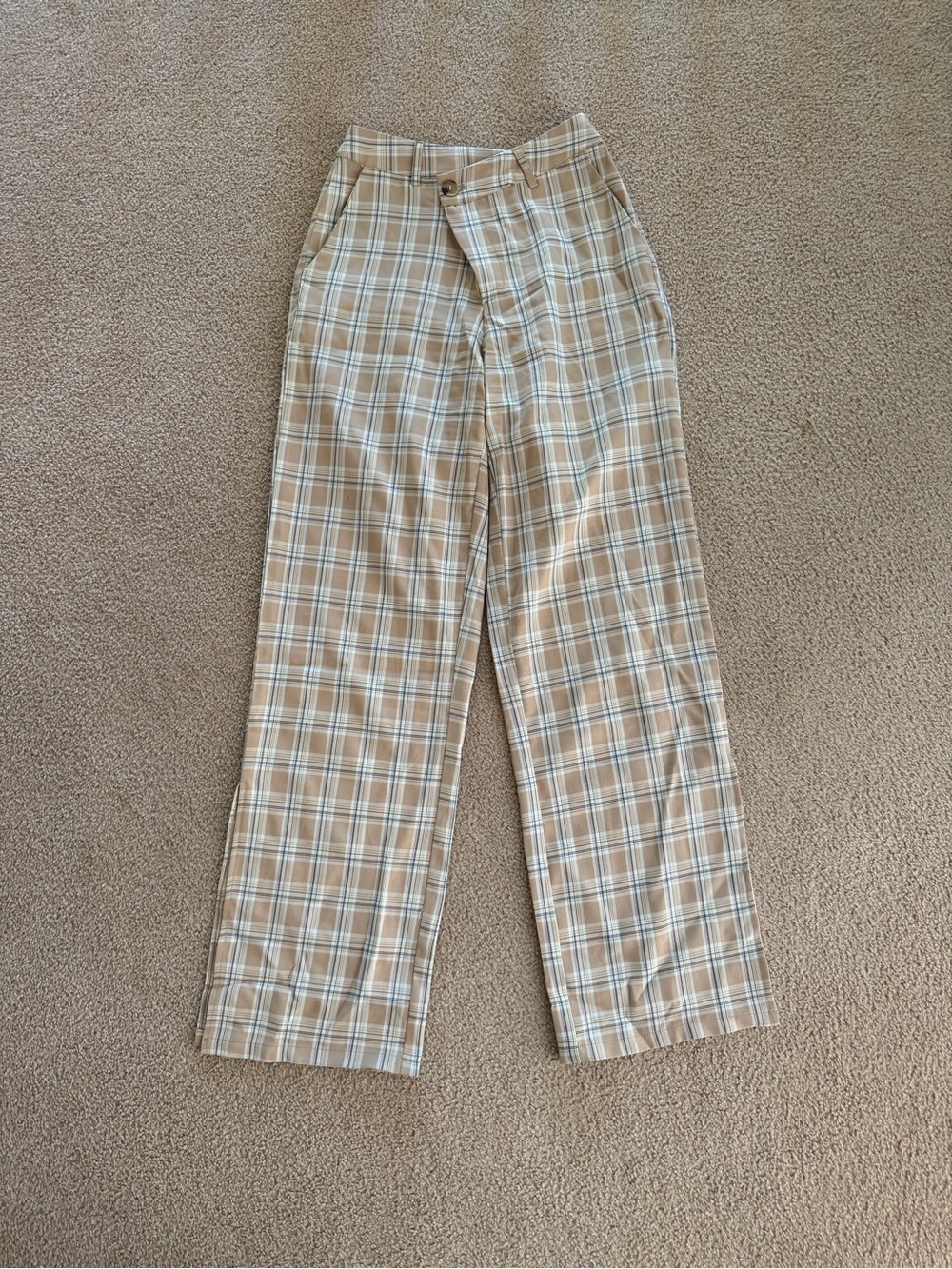 Women’s Beige Plaid Straight-Leg Pants